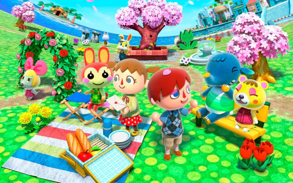 HD PC desktop wallpaper from the video game Animal Crossing: New Leaf, featuring colorful characters enjoying a sunny park with cherry blossoms and picnic scenes.