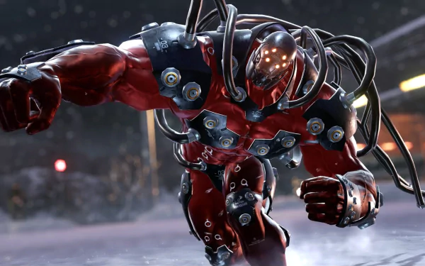 HD PC desktop wallpaper featuring a powerful cybernetic fighter from the Tekken 7 video game, showcasing detailed armor and dynamic action in a snowy environment.