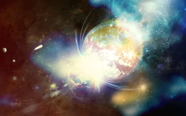 HD PC desktop wallpaper depicting a dramatic sci-fi collision between celestial bodies, with vibrant cosmic light and energy bursts in deep space.