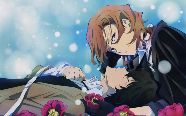 Anime characters Osamu Dazai and Chuuya Nakahara from Bungou Stray Dogs in a HD background, featuring them lying amidst flowers with a dreamy, soft-focus blue background.