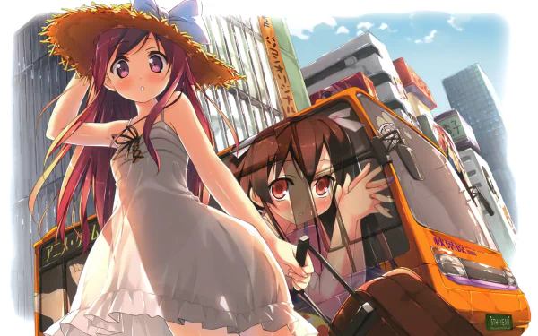 Anime HD desktop wallpaper featuring Kurumi from 5 Nenme no Houkago with purple eyes and long brown hair wearing a hat and dress, set against a vibrant anime city background.