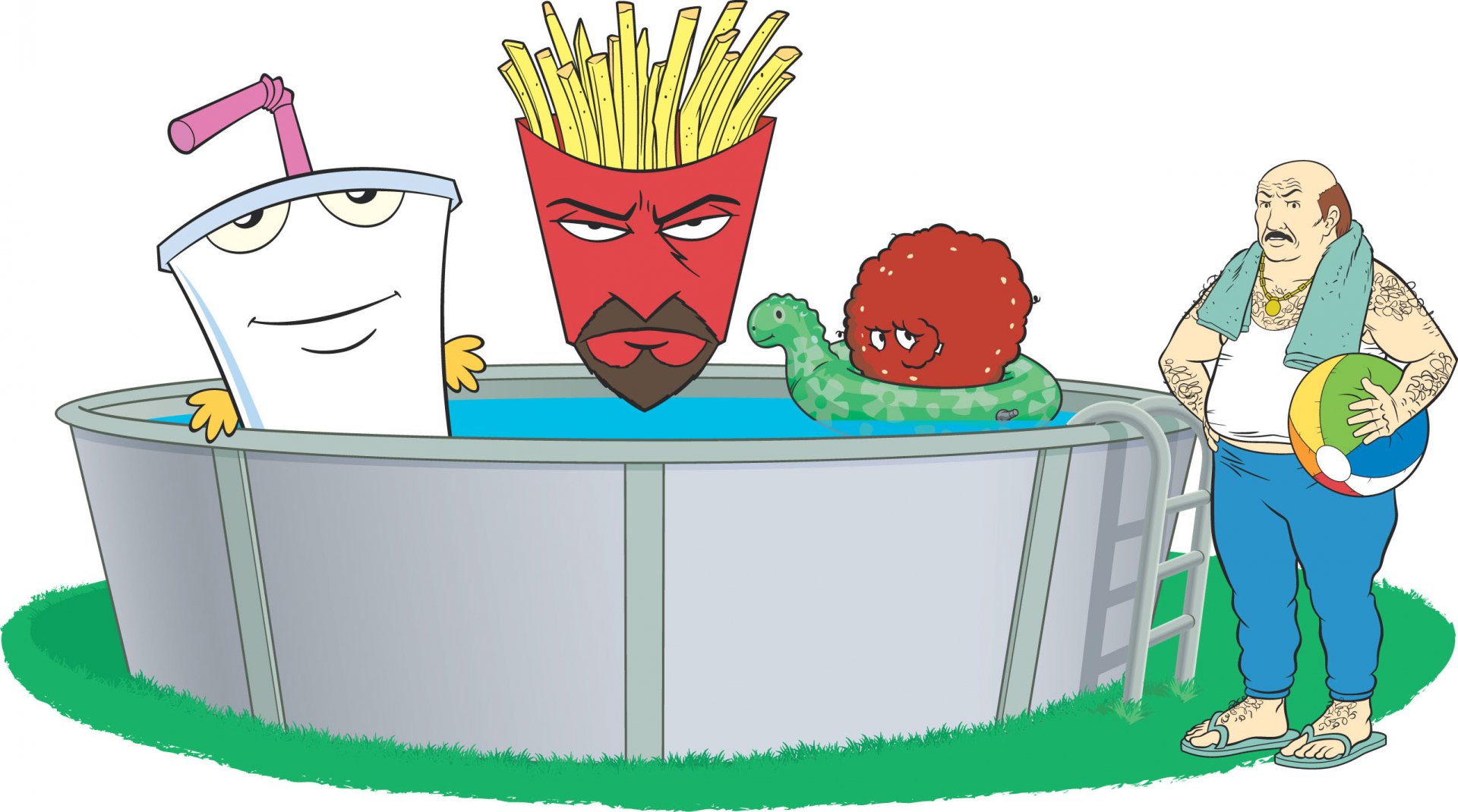 HD desktop wallpaper featuring characters from the TV show Aqua Teen Hunger Force, including Master Shake, Frylock, Meatwad, and Carl by a pool.