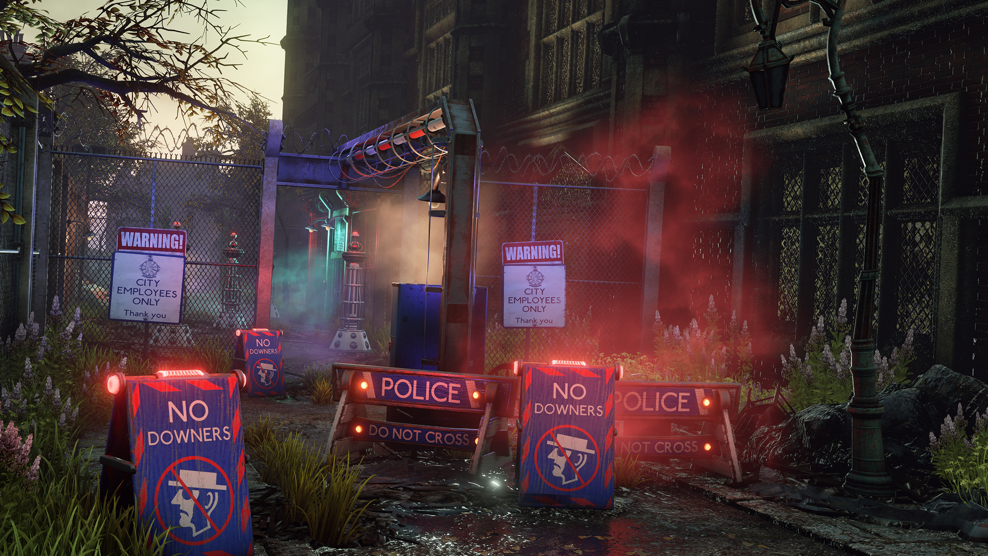 HD PC desktop wallpaper/background from the video game We Happy Few: rain-slick dystopian street with NO DOWNERS police barricades, red fog, neon lights and ominous Victorian buildings.