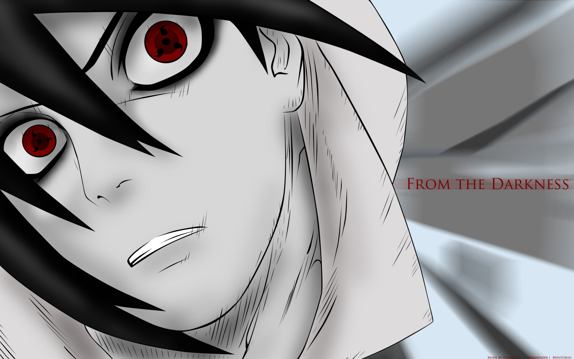 HD anime desktop wallpaper featuring a close-up of Naruto Uzumaki with intense red eyes and the text From the Darkness against a grayscale background.