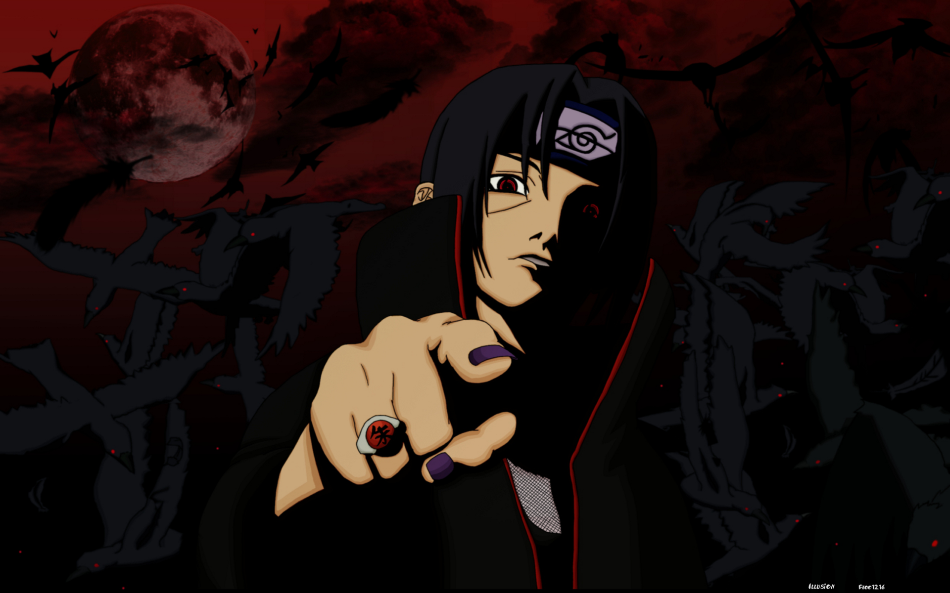 A high-definition desktop wallpaper featuring Itachi Uchiha from the anime Naruto, set against a dark, dramatic background with a red moon and shadowy figures.
