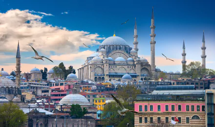 HD desktop wallpaper showcasing the majestic Süleymaniye Mosque with its domes and minarets under a bright blue sky, surrounded by city buildings and flying birds.