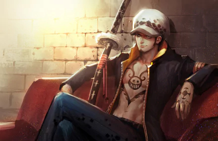 Anime HD wallpaper featuring Trafalgar Law from One Piece. He sits on a red couch, wearing a hat and jacket, showcasing tattoos, while a katana rests prominently behind him.