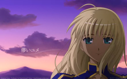 HD anime desktop wallpaper featuring a serene Fate/Stay Night character with long blonde hair and blue eyes against a purple sunset sky backdrop.