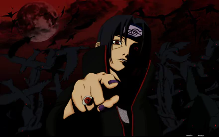 A high-definition desktop wallpaper featuring Itachi Uchiha from the anime Naruto, set against a dark, dramatic background with a red moon and shadowy figures.
