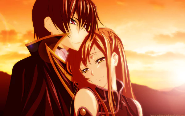Shirley Fenette and Lelouch Lamperouge from the anime Code Geass embrace against a stunning sunset, capturing an emotional moment in this HD desktop wallpaper.