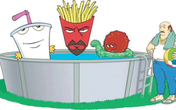 HD desktop wallpaper featuring characters from the TV show Aqua Teen Hunger Force, including Master Shake, Frylock, Meatwad, and Carl by a pool.