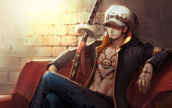 Anime One Piece Trafalgar Law Hat Tattoo Weapon Sword Katana Couch Jacket Blue Eyes HD Wallpaper | Background Image