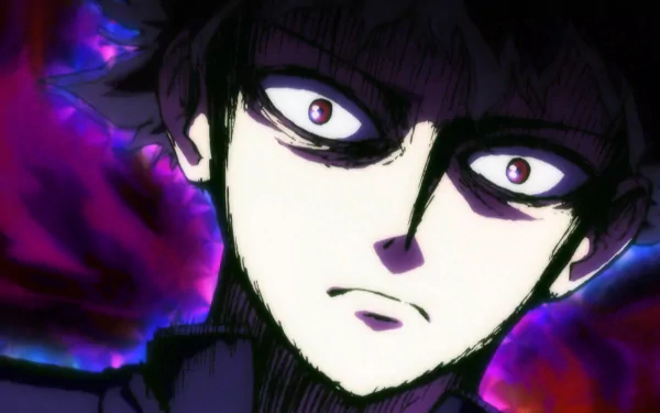 HD desktop wallpaper featuring Shigeo Kageyama from the anime Mob Psycho 100 with a dramatic, intense expression against a vibrant background.