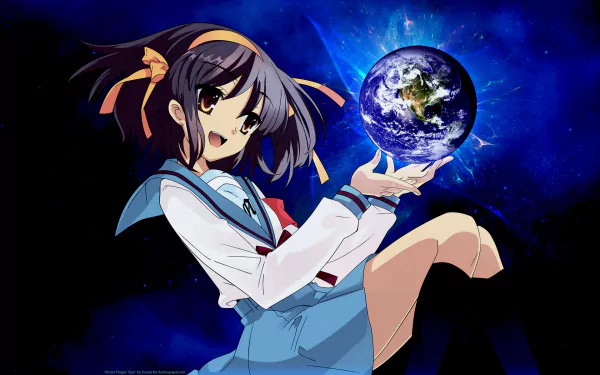 HD PC desktop wallpaper: anime portrayal of Haruhi Suzumiya in her school uniform holding a glowing Earth against a vivid cosmic backdrop (The Melancholy of Haruhi Suzumiya).