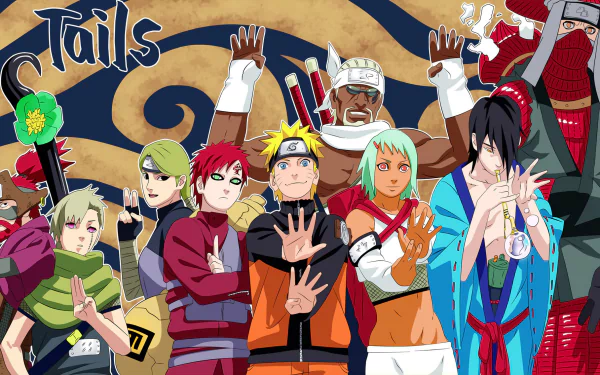 A vibrant HD wallpaper featuring characters from Naruto, including Killer Bee, Fû, Utakata, Han, Roshi, Yagura, Yugito Nii, and Gaara, all striking dynamic poses.
