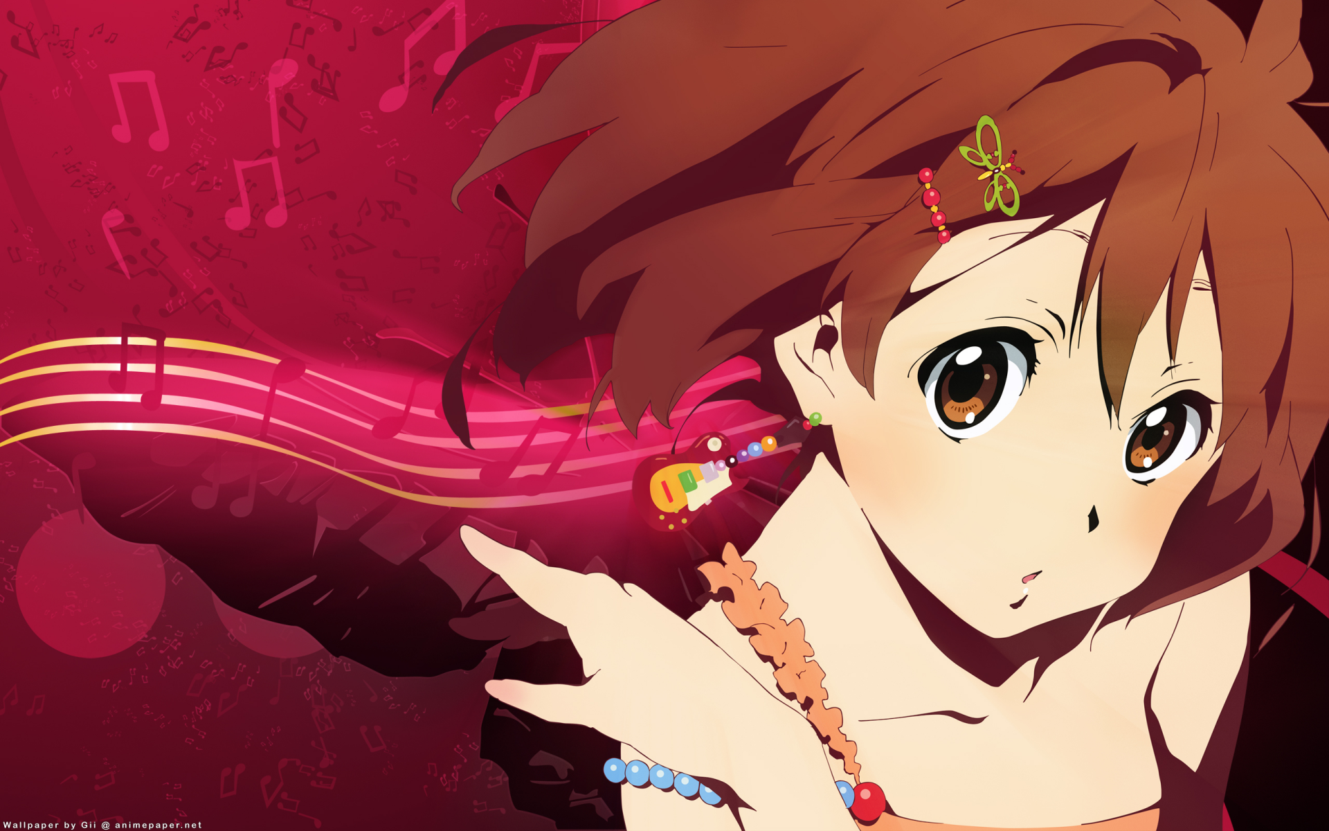 HD anime desktop wallpaper featuring Yui Hirasawa from K-ON! with vibrant red tones and musical notes in the background.