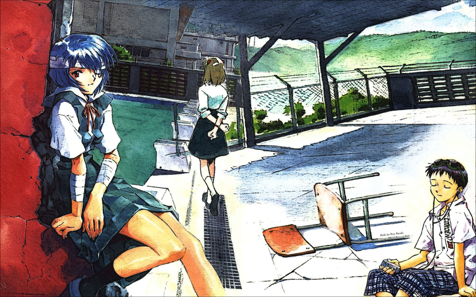 HD PC desktop wallpaper featuring characters from the anime Neon Genesis Evangelion in a shaded outdoor school setting with detailed backgrounds and vibrant colors.
