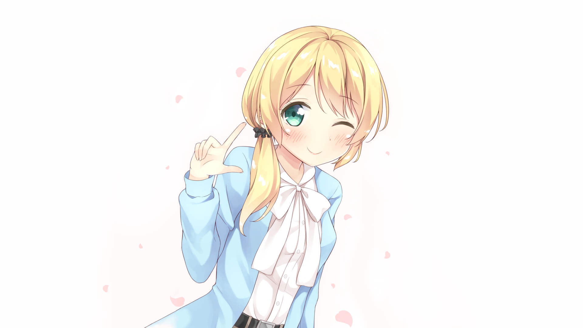Ellen Baker anime portrait from New Horizon: winking blonde in a blue jacket and white bow, presented as an HD PC desktop wallpaper and background.