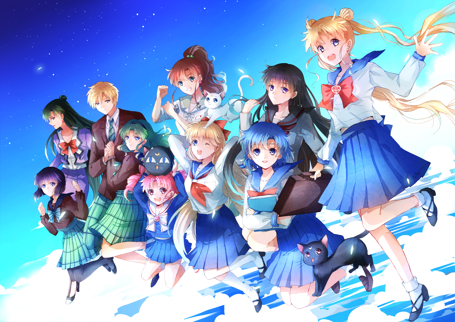 A vibrant anime-themed HD wallpaper featuring a group of characters in school uniforms, set against a celestial blue background, reminiscent of Sailor Moon aesthetics.