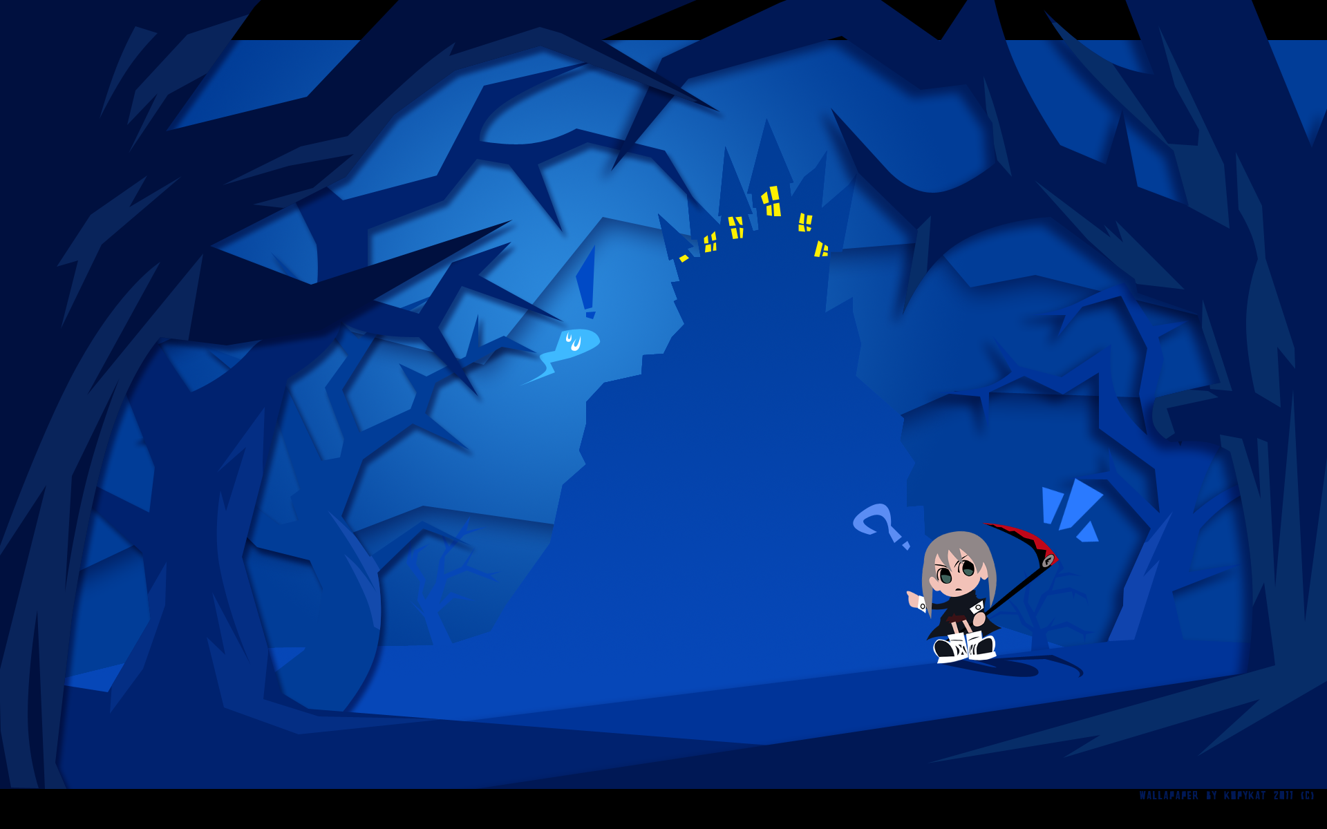 HD PC desktop wallpaper featuring an anime-style Soul Eater character standing in a dark, eerie forest with a glowing castle silhouette in the background.