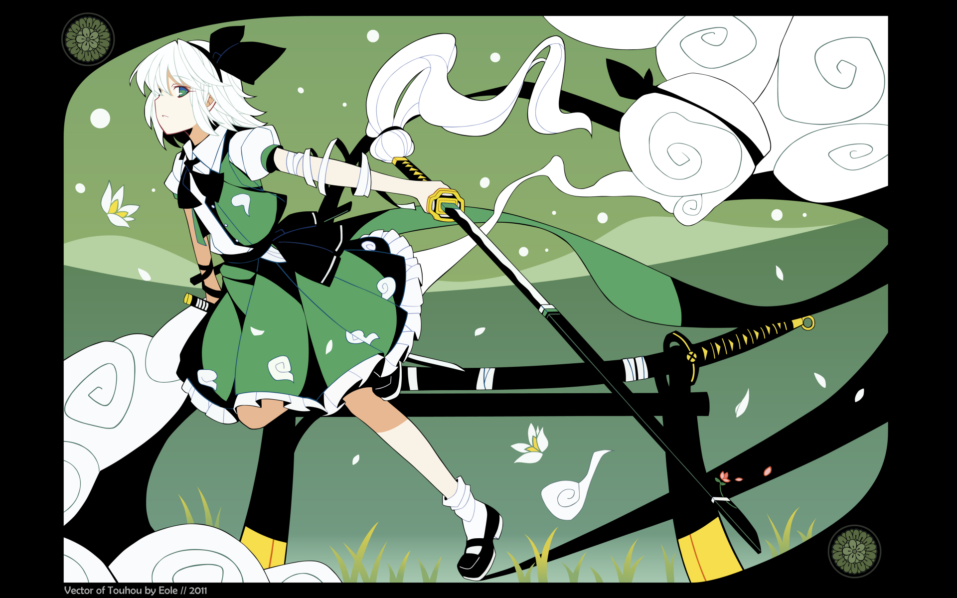 Youmu Konpaku (Touhou) anime 5K Ultra HD PC desktop wallpaper: white‑haired swordswoman in green dress with twin blades, ghostly swirls and petals over rolling green hills background.
