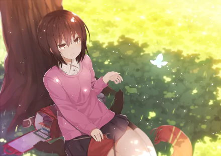 Kayo Hinazuki from the anime Erased sits under a tree, wearing a pink sweater, surrounded by a bright, sunny landscape with a butterfly fluttering nearby. A serene HD wallpaper.