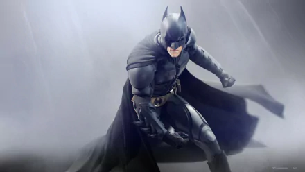 HD desktop wallpaper featuring Batman in action from the movie The Dark Knight Rises, showcasing his iconic suit and cape against a misty background.