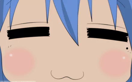 Close-up of Konata Izumi’s face from Lucky Star anime, featuring her blue hair and expressive eyes, rendered as an HD PC desktop wallpaper background.