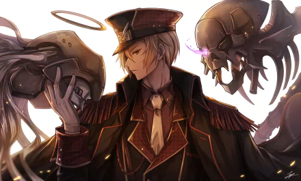 HD anime desktop wallpaper featuring Dante from Divine Gate, dressed in a detailed uniform with a halo above his head and surrounded by dark, mechanical creatures.