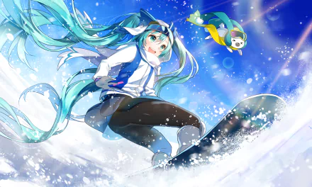 A vibrant HD wallpaper featuring Hatsune Miku snowboarding with long turquoise hair, set against a bright blue background, accompanied by a playful penguin character.