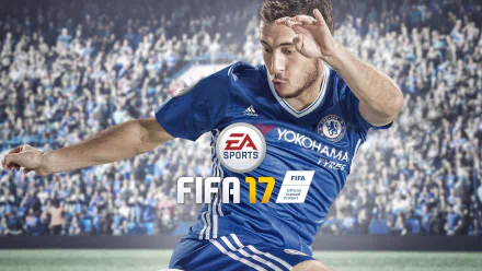 A high-definition desktop wallpaper featuring a soccer player in a blue Chelsea kit, showcasing action from FIFA 17 with EA Sports branding prominently displayed.