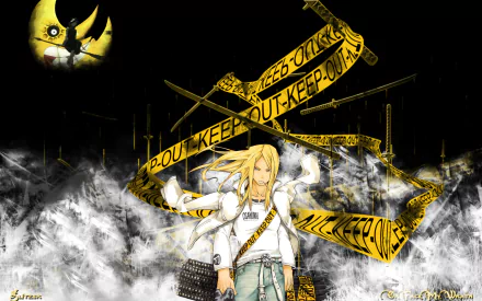 A detailed HD wallpaper featuring Medusa Gorgon and Mifune from Anime Soul Eater, set against a dramatic backdrop with caution tape and a glowing moon.