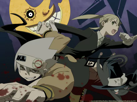 HD desktop wallpaper featuring Maka Albarn and Soul from the anime Soul Eater, showcasing dynamic action against a backdrop with a sinister moon.