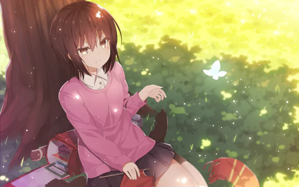 Kayo Hinazuki from the anime Erased sits under a tree, wearing a pink sweater, surrounded by a bright, sunny landscape with a butterfly fluttering nearby. A serene HD wallpaper.