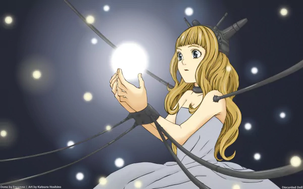 D.Gray-man anime HD PC desktop wallpaper: blonde woman in a white dress cradling a glowing orb as dark cables bind her, soft lights drifting against a deep blue backdrop.