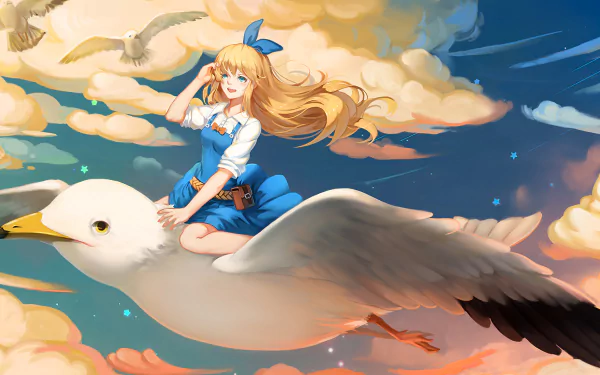 Anime-style HD desktop wallpaper featuring Alice from Alice in Wonderland riding a large white bird through a vibrant, cloud-filled sky.