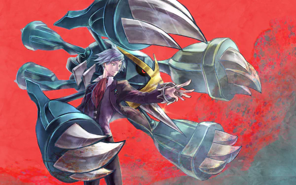 HD PC desktop wallpaper featuring Metagross from Pokémon: Omega Ruby and Alpha Sapphire alongside a stylish character against a dynamic red and gray background.