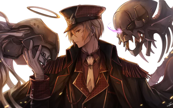 HD anime desktop wallpaper featuring Dante from Divine Gate, dressed in a detailed uniform with a halo above his head and surrounded by dark, mechanical creatures.