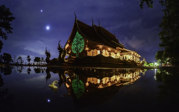 Religious Temple Temples Night Light Reflection Building HD Wallpaper | Background Image