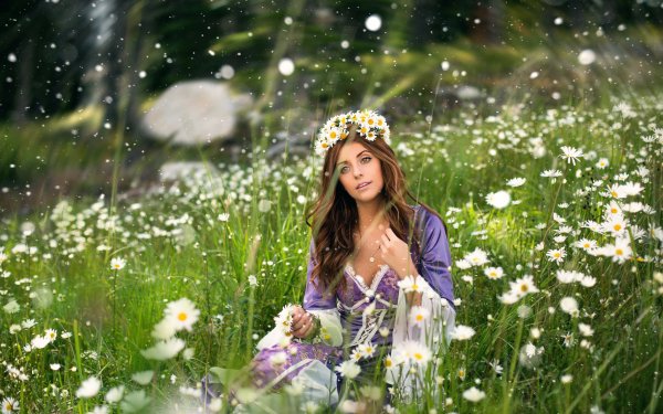 Women Mood Model Wreath Brunette Green Eyes Outdoor Blur Flower White Flower HD Wallpaper | Background Image