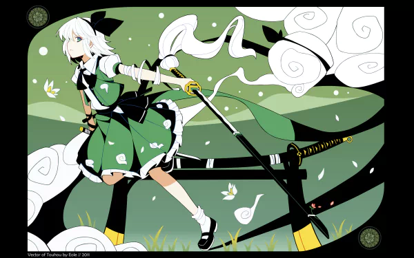 Youmu Konpaku (Touhou) anime 5K Ultra HD PC desktop wallpaper: white‑haired swordswoman in green dress with twin blades, ghostly swirls and petals over rolling green hills background.