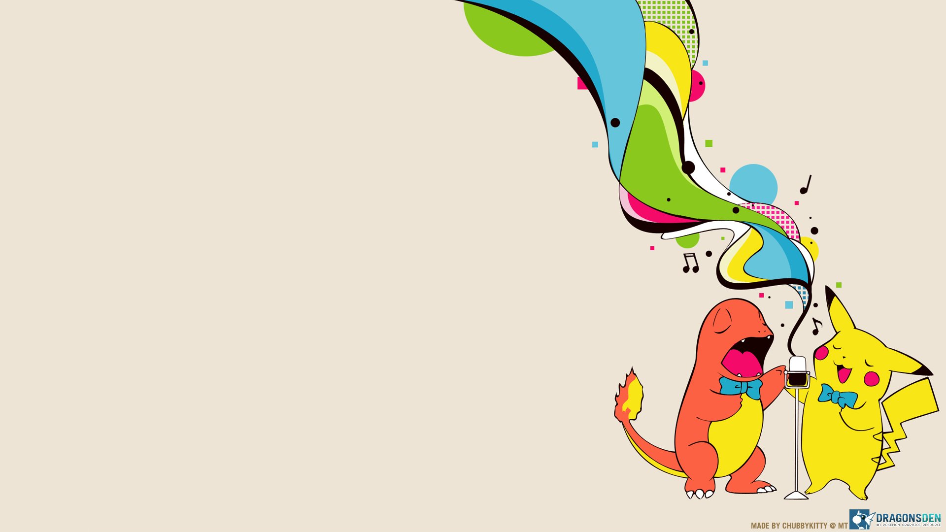 HD PC desktop wallpaper featuring Charmander and Pikachu from Pokémon singing with colorful musical notes and vibrant abstract shapes on a light beige background.