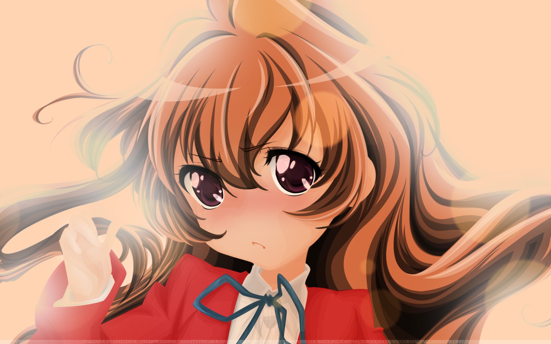 Toradora! 2K Quad HD PC wallpaper — close-up of Taiga Aisaka with long brown hair, big purple eyes and a red school uniform against a soft peach background.