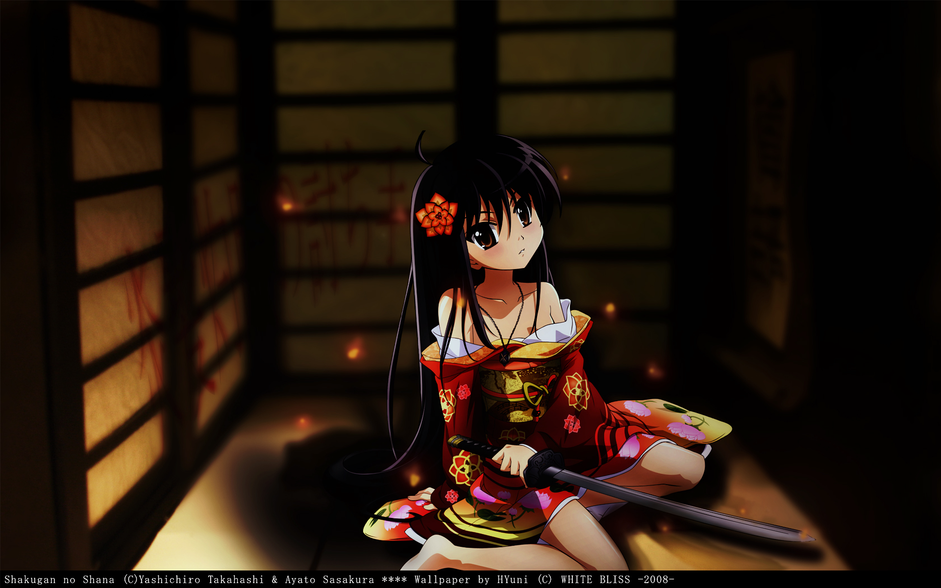 HD anime desktop wallpaper featuring Shakugan no Shana in a traditional outfit, seated with a sword, set against a dimly lit Japanese-style room background.