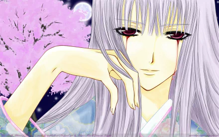 HD anime wallpaper featuring Shizuka Hio from Vampire Knight with long silver hair, red eyes, and a serene expression against a moonlit cherry blossom background.
