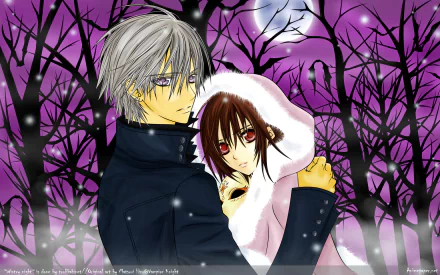 HD anime wallpaper featuring Zero Kiryu and Yuki Kuran/Yuki Cross from Vampire Knight at night, with snow falling under a full moon amidst dark, leafless trees.
