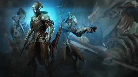 HD PC desktop wallpaper featuring Volt, a character from the video game Warframe, depicted in dynamic action poses with a dark, electric blue background.