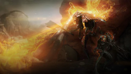 Chroma from Warframe unleashes a fiery attack in this stunning HD wallpaper, showcasing intense action and vibrant colors from the popular video game.