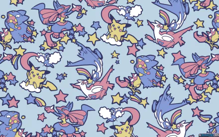 Bright HD wallpaper featuring Pokémon characters including Swablu, Munchlax, Lucario, Latios, Latias, Krabby, and Pikachu, set against a whimsical backdrop of stars and clouds.