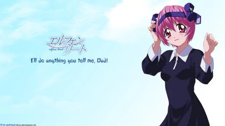 HD PC desktop wallpaper of Nana from Elfen Lied: pink-haired Nana in a black school uniform and headband against a soft blue sky, with text I'll do anything you tell me, Doc!